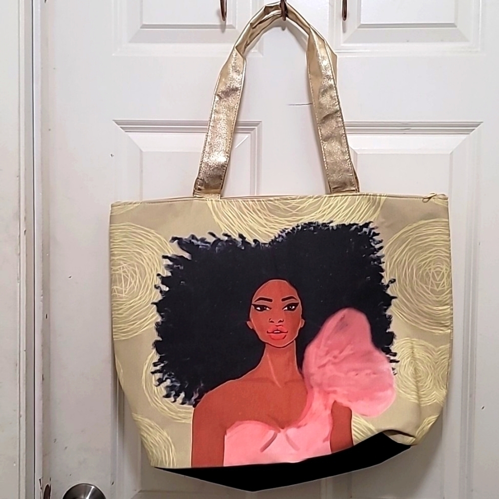 African American Expressions Canvas Handbag Women Large Beige Tote Bag Pink Afro